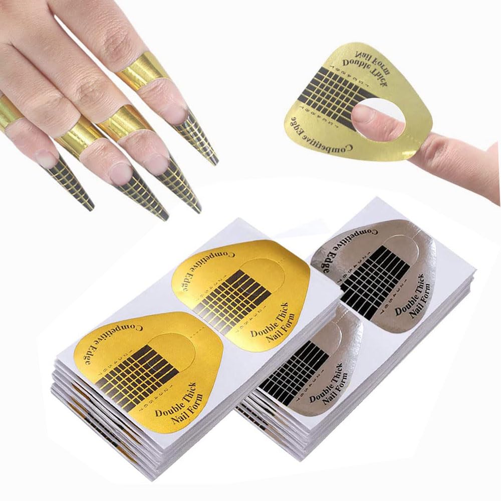 VNC 200Pcs Long Nail Forms Extension Set 100 Pcs Gold + 100 Pcs Silver Nail form guide stickers Thick Nail Art Tips Extension Forms Durable Acrylic Nail Paper Forms Numbers Marked Nail Former Stickers