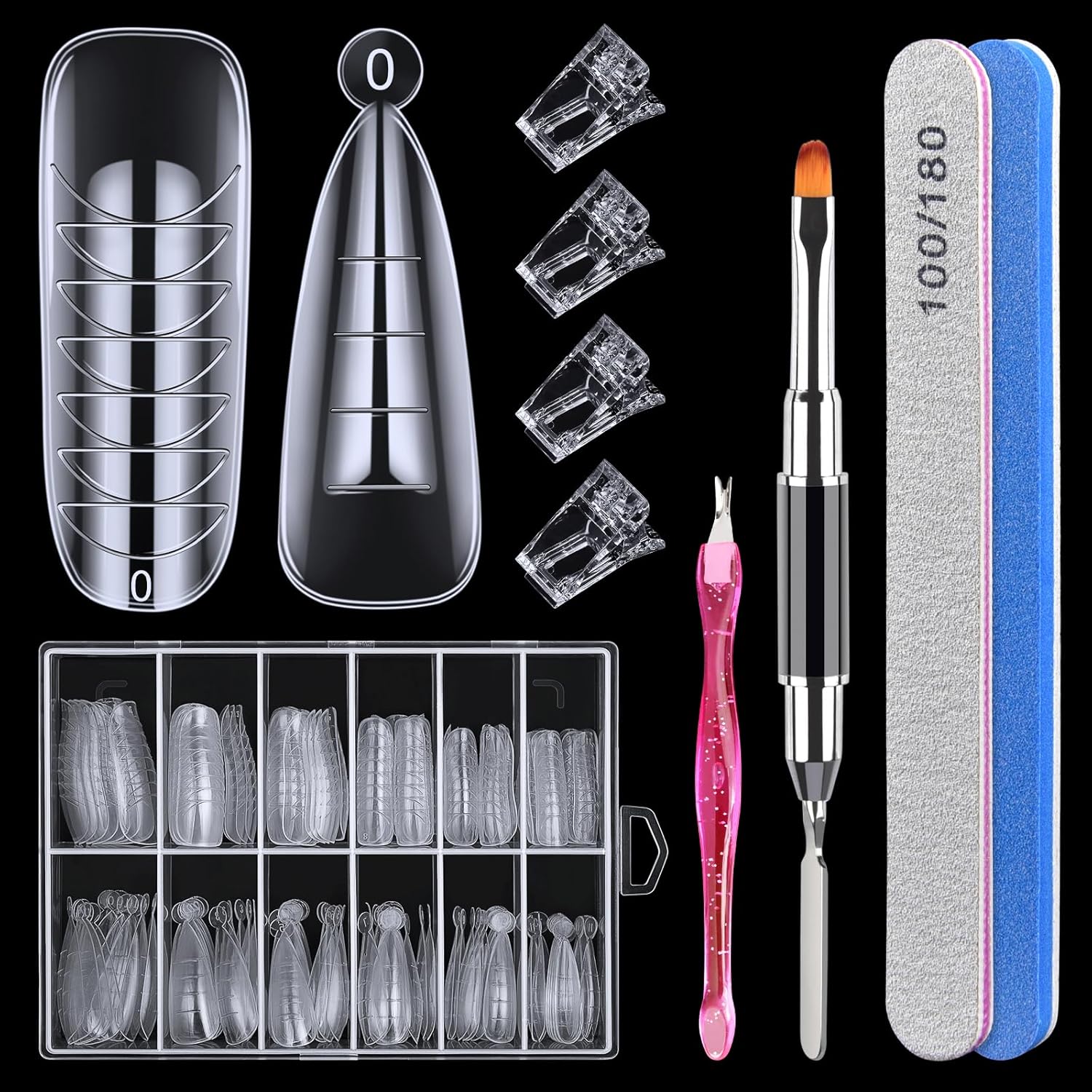144pcs Nail Forms, MORGLES 2 Sizes Poly Extension Gel Dual Forms, Coffin Nail Tips Extension Forms with Stiletto Shape Molds, 10pcs Nail Tips Clip with Nail Files for Nail Art for Home & Salon