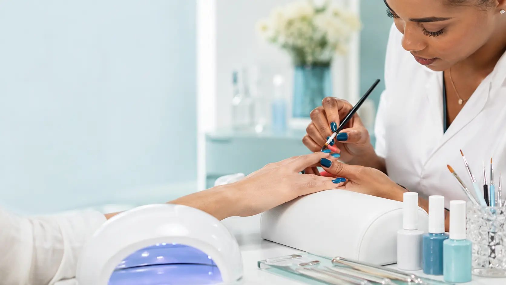 Professional nail supplies arranged for salon education